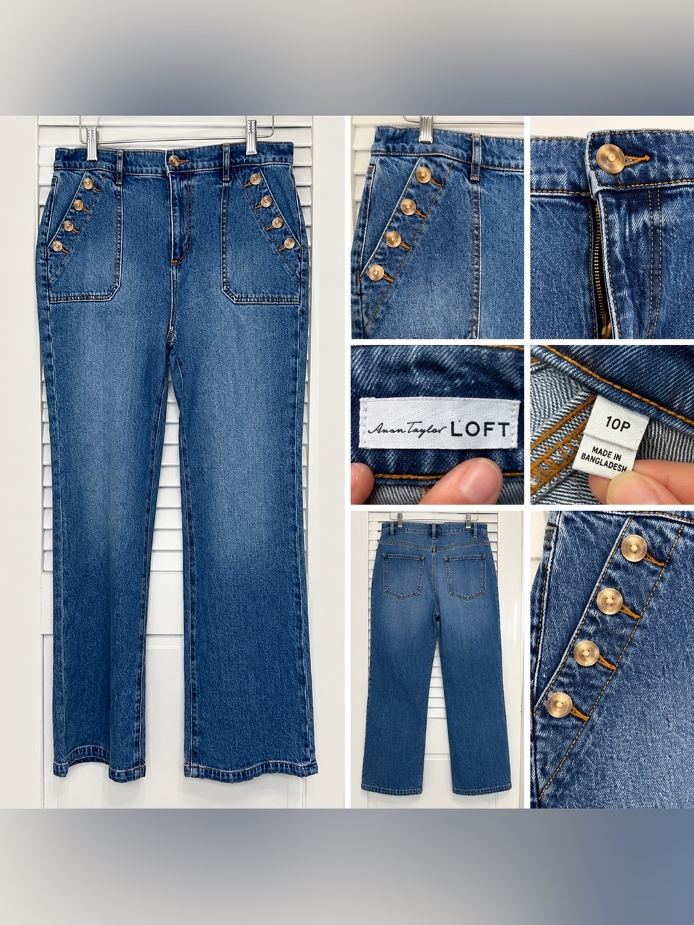 LOFT High Rise Wide Leg Jeans 10P | Button Detail Patch Pockets
